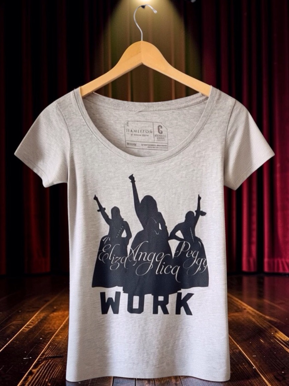 Hamilton Scoop Neck Tee with Black 'WORK' Graphic sz M